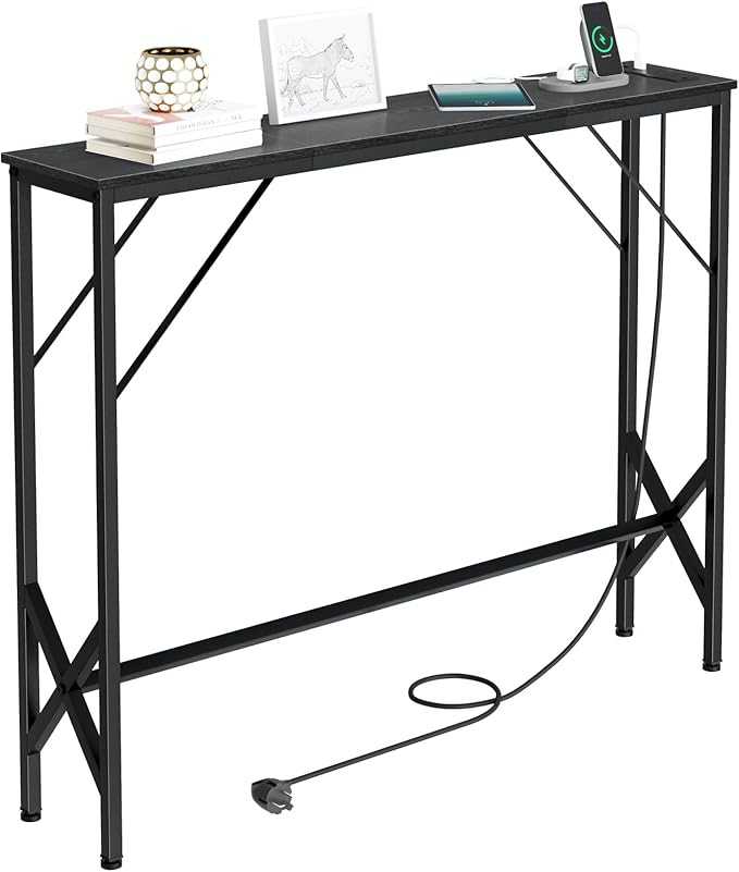 39.4" Console Table, Skinny Entryway Table with Fast-Charging Station, Narrow Long Sofa Table, Behind Slim Couch Table for Entrance, Hallway, Living Room Decor ST-BK100-1-CasaMuseHome