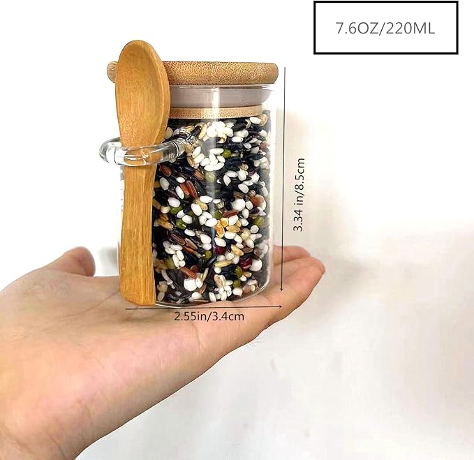 7.6 oz Airtight Mini Glass Jars with Bamboo Lids and Bamboo Spoons, Spice Jars Small Food Storage Containers for Kitchen, Bathroom, Home Decor Set of 8-CasaMuseHome
