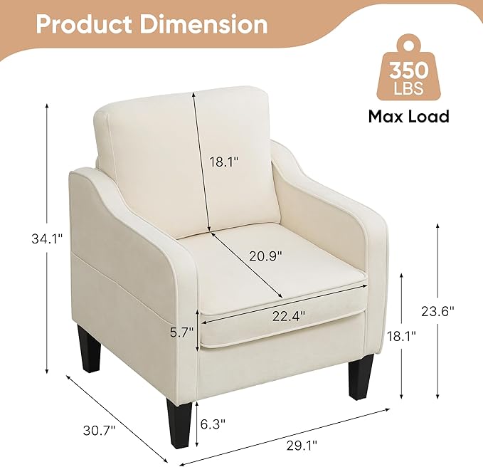 Accent Chairs Set of 2, Upholstered Living Room Chairs with Side Pockets, Mid Century Modern Reading Chair for Bedroom, Comfy Armchair Single Sofa Side Chair for Office, Small Room, Beige-CasaMuseHome