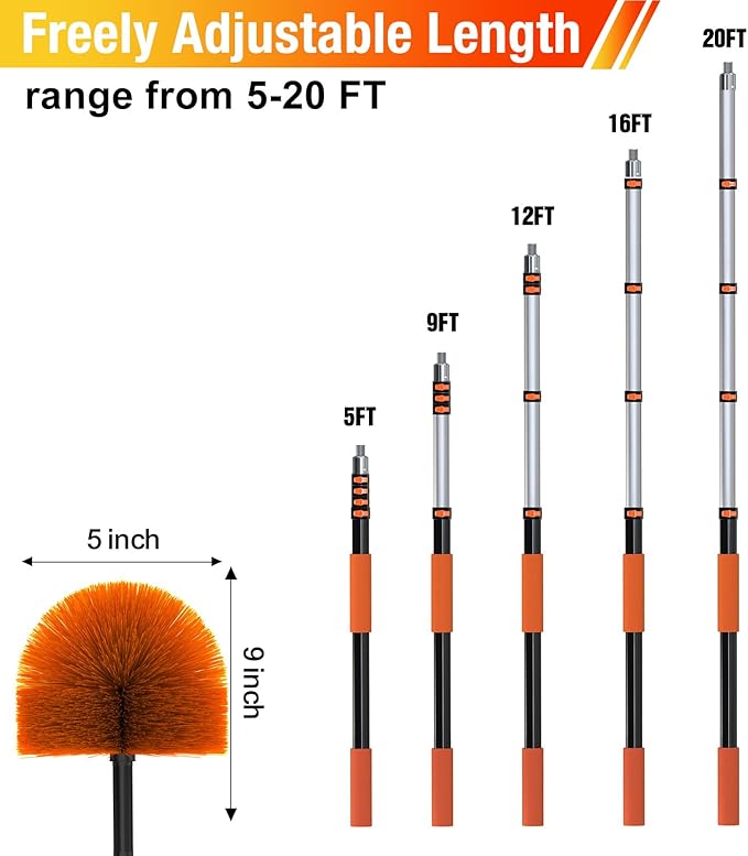 20FT (26FT Reach) Cobweb Duster with Extension Pole, Spider Web Brush for Cleaning Extendable, Professional Ceiling and Corner Dusters for Outdoor Indoor Use-CasaMuseHome