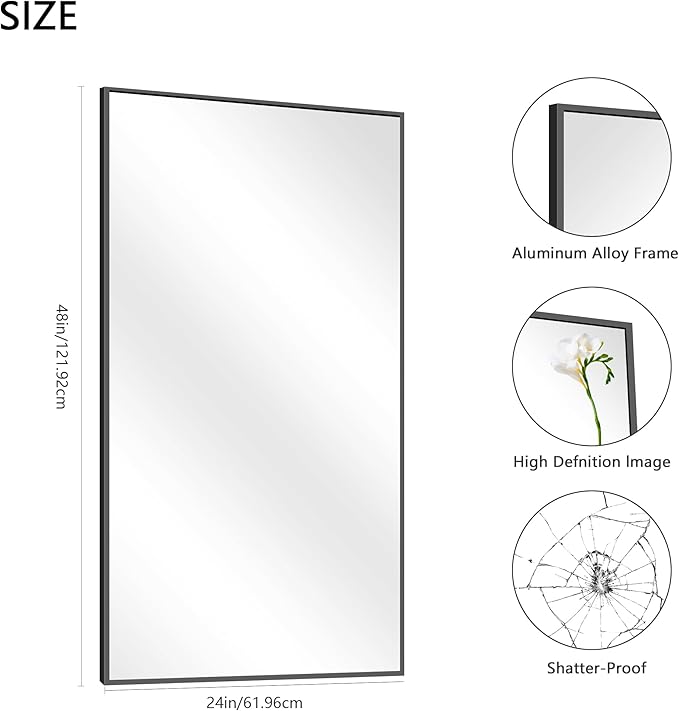48x24In Black Bathroom Mirror for Wall, Rectangle Mirrors with Metal Frame, Bathroom Rectangular Mirror Modern Wall Mirror for Bedroom Living Room, Entryway Hangs Horizontal or Vertical-CasaMuseHome