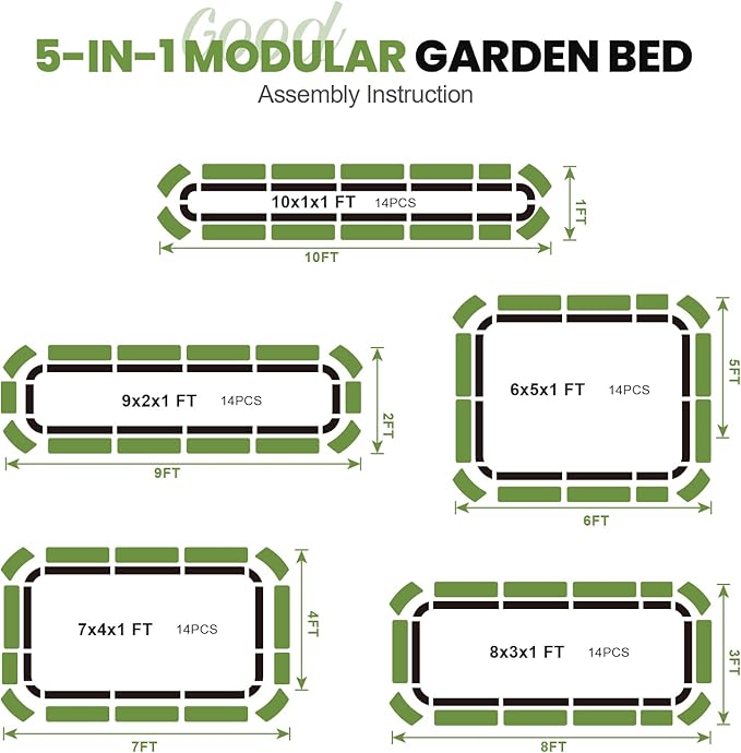 5-in-1 Adjustable Raised Garden Bed Kit | Galvanized Planter Boxes for Vegetables, Flowers | 12" Tall, Multiple Sizes (8x3x1ft, 9x2x1ft, 10x1x1ft, 6x5x1ft, 7x4x1ft) | Outdoor Metal Raised Bed, Green-CasaMuseHome
