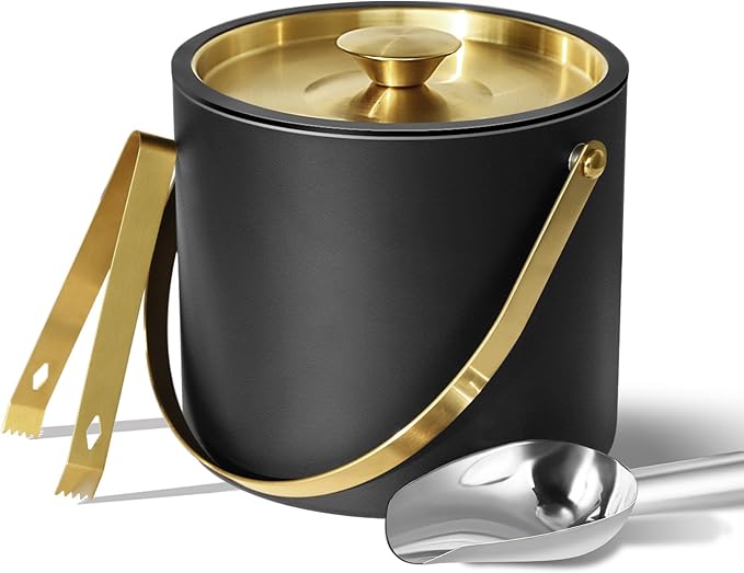3L Ice Bucket with Silicone Lid, Scoop, Gold Tongs & Strainer, Stainless Steel Double Wall Insulated Ice Buckets for Parties & Cocktail Bar, Outdoor Champagne Ice Container Bin, Black-CasaMuseHome