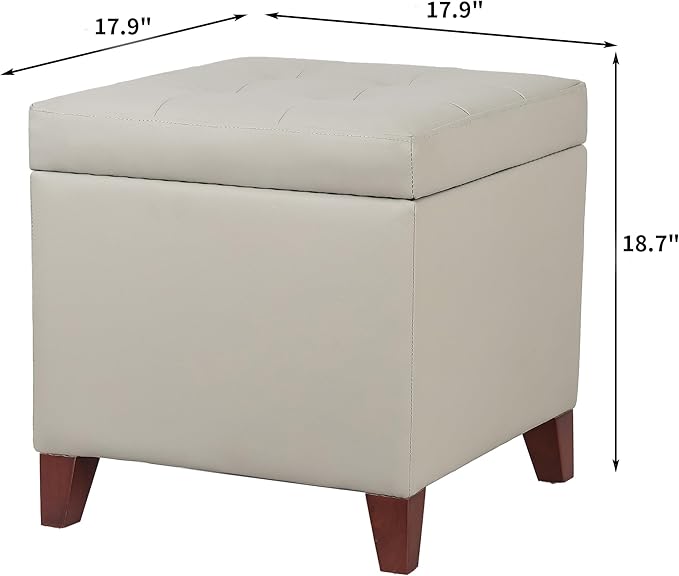 Adeco 18" PU Storage Ottoman, Upholstered Square Faux Leather Foot Rest - Flip Top Footstool with Sturdy Wood Legs, Small Cube Coffee Table Extra Seat for Living Room, Bedroom, Elephant Grey-CasaMuseHome