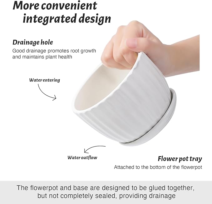 4/5/6 Inches Ceramic Plant Pots with Drainage Holes and Saucers, Round Flower Pots for Indoor Plant, Modern Flower Planters Set of 3 (White-Big Size)-CasaMuseHome