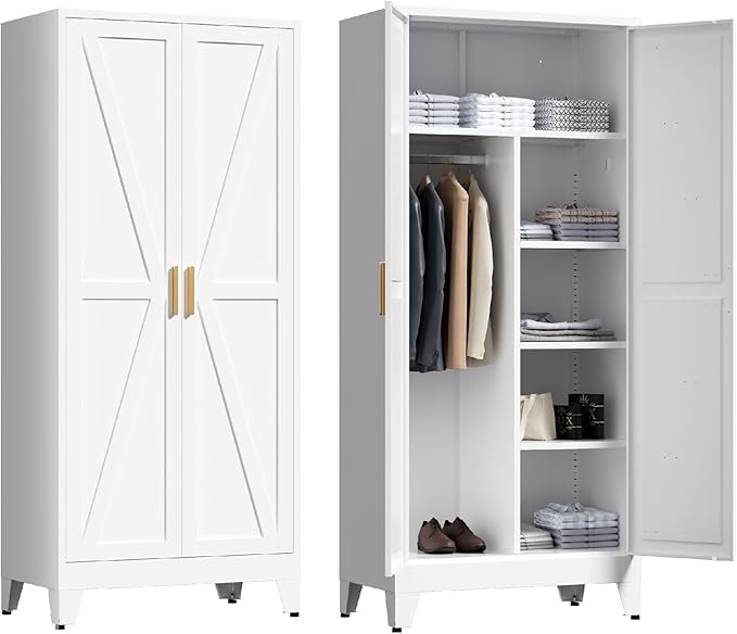 71'' Farmhouse Metal Wardrobe Cabinet with Hanging Rod, 2 Barn Door Wardrobe Closet with 5 Adjustable Shelves,Drawer,for Dining Room,Bedroom,Living Room, Cloak Room,Office (White)-CasaMuseHome