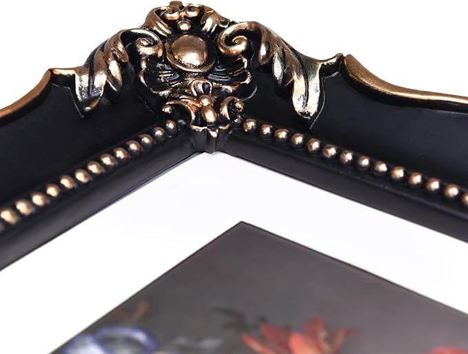 8x10 Vintage Picture Frame with Embossed Flower Design, Black Ornate Frame for 8x10 or 5x7 Pictures with White Mat, Hand-Crafted Resin Antique Frames for Tabletop & Wall Hanging, Home Decor (Black)-CasaMuseHome