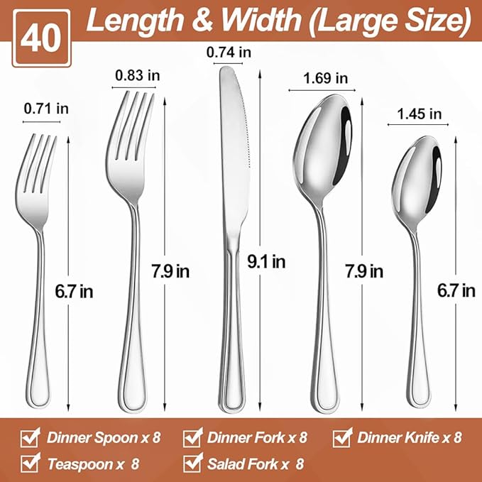 40 Pcs Silverware Set for 8 with Simple Striped Handle Design, Food Grade Stainless Steel Flatware Set, Eating Utensils Sets Include Fork/Knife/Spoon, Reusable Cutlery Set, Dishwasher Safe-CasaMuseHome