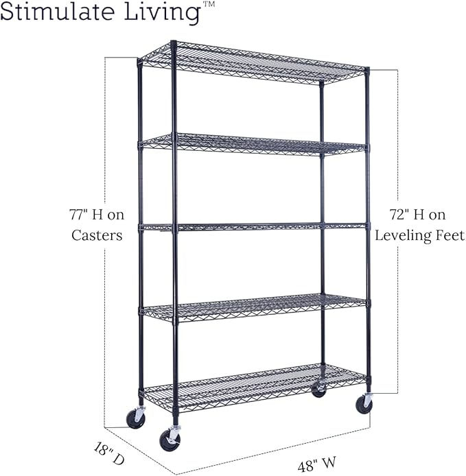 48"x18"x72" PRIME HEAVY DUTY Black 5-Tier Wire Shelving NSF 4000 LBS MAX Capacity Storage Rack for Commercial, School, Home, Garage, Warehouse, Industrial, and Hospital Uses (with Wheels)-CasaMuseHome