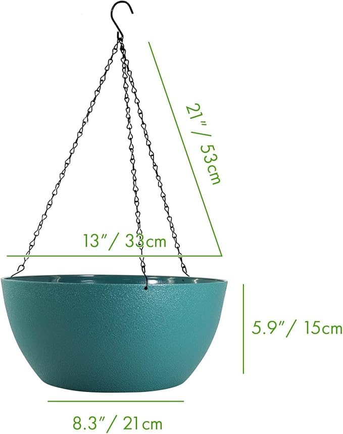 13 inch Large Hanging Planters Plant Pots for Outdoor Indoor Plants with Drainage Holes and Chain, 2 Pack Round Hanging Flower Pots for Garden Home Porch Decor, Blue Green-CasaMuseHome