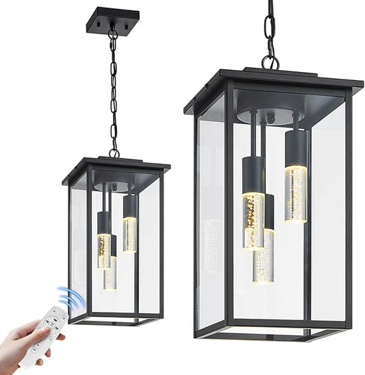 3-Color LED Outdoor Pendant Light with Remote, 3-Light 19" Large Outdoor Chandelier for Porch, Black Exterior Pendant Lighting Fixture Ceiling Mount Pendant Lantern for Patio Front Door-CasaMuseHome
