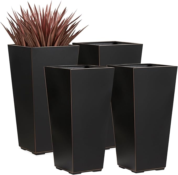 26 Inch Planter Tall Tapered Planter for Front Porch, Patio, Deck, Garden Indoor/Outdoor Tree Planters, Set of 4, Black with Copper Hand Brushed Rim-CasaMuseHome