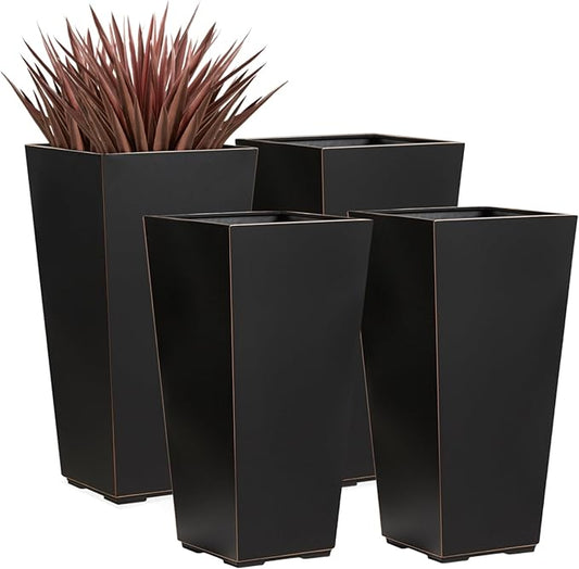 26 Inch Planter Tall Tapered Planter for Front Porch, Patio, Deck, Garden Indoor/Outdoor Tree Planters, Set of 4, Black with Copper Hand Brushed Rim-CasaMuseHome