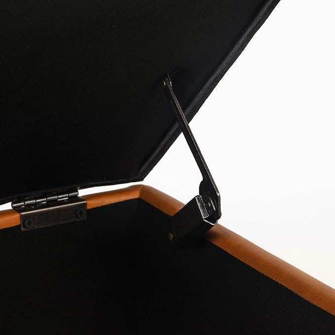 Adeco 17.5" Faux Leather Storage Ottoman with Hinged Lid, 14 Inch High Square Cube Foot Stool with Storage, Upholstered Vanity Stool with Solid Wood Legs for Living Room, Bedroom, Dorm (Warm Orange)-CasaMuseHome