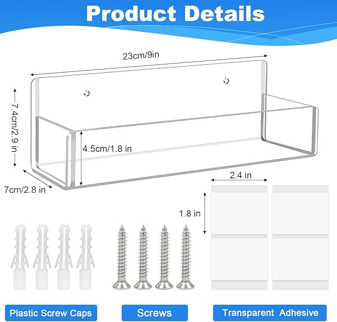 Acrylic Spice Rack Wall Mount-9 Inch, Clear Spice Shelf Storage Holder, 2 Pack Hanging Seasoning Rack Organizer for Cabinet Door, Cupboard or Wall Kitchen (Adhesive or Screw)-CasaMuseHome