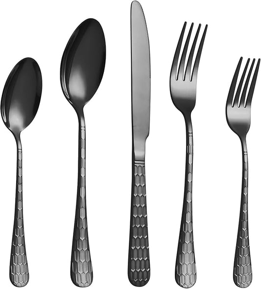 20 Pcs Black Silverware Set for 4 with Water Cube Handle design, Food Grade Stainless Steel Flatware Set, Eating Utensils Sets Include Fork/Knife/Spoon, Reusable Cutlery Set, Dishwasher Safe-CasaMuseHome