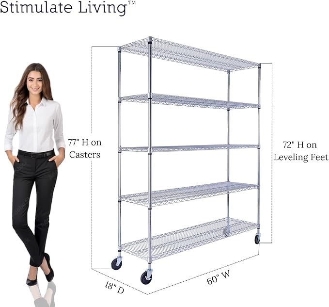 60"x18"x72" PRIME HEAVY DUTY Chrome 5-Tier Wire Shelving 4000 LBS MAX Capacity Storage Rack for Commercial, School, Home, Garage, Warehouse, Industrial, and Hospital Uses (with Wheels)-CasaMuseHome