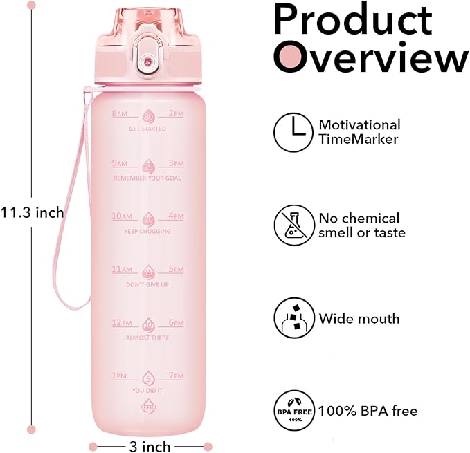 32oz Motivational Water Bottles with Time Marker & Fruit Strainer, Transparent Gradient Color Water Bottle with Times to Drink, Leakproof & BPA Free, Reusable Bottle with Strap (No Straw)-CasaMuseHome