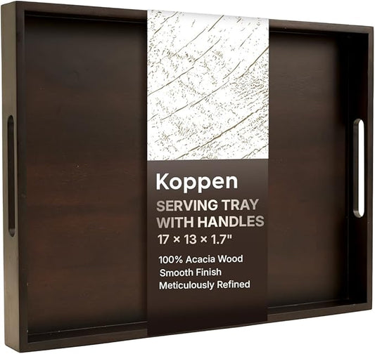 Koppen Acacia Wood Serving Tray with Handles, 17" x 13.86", Large Wooden Platter for Breakfast, Ottoman Tray for Party, Snacks, Fruit, Coffee Table, Living Room, Sofa, Bed, Outdoor-CasaMuseHome