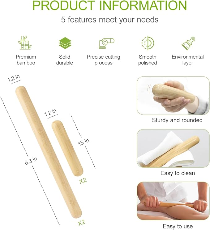 4PCS Solid Bamboo Massage Sticks & Guasha Set with Roller/Stick - 100% Bamboo Therapy Tools for Neck/Arm/Back/Legs/Full Body, Deep Tissue Massage, Muscle Relaxation, Body Shaping, Fatigue Relief-CasaMuseHome