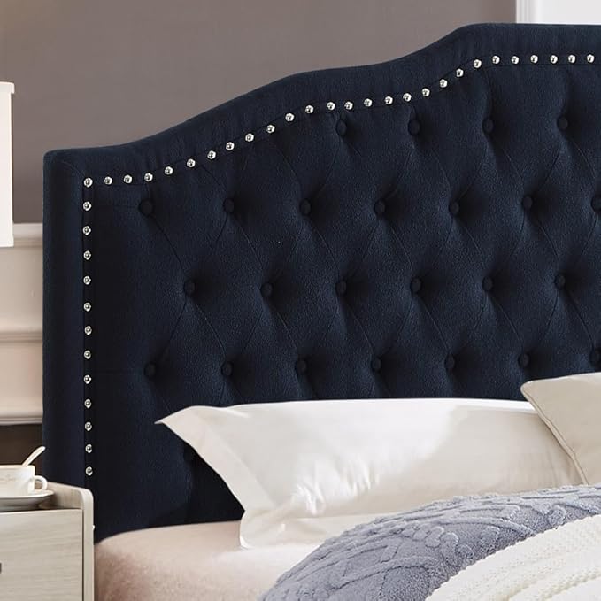 24KF Upholstered Button Tufted King Size Headboard with Nailhead Trim, Elegant Boucle Fabric California King headboard, 6031-K-Boucle-Navy-CasaMuseHome