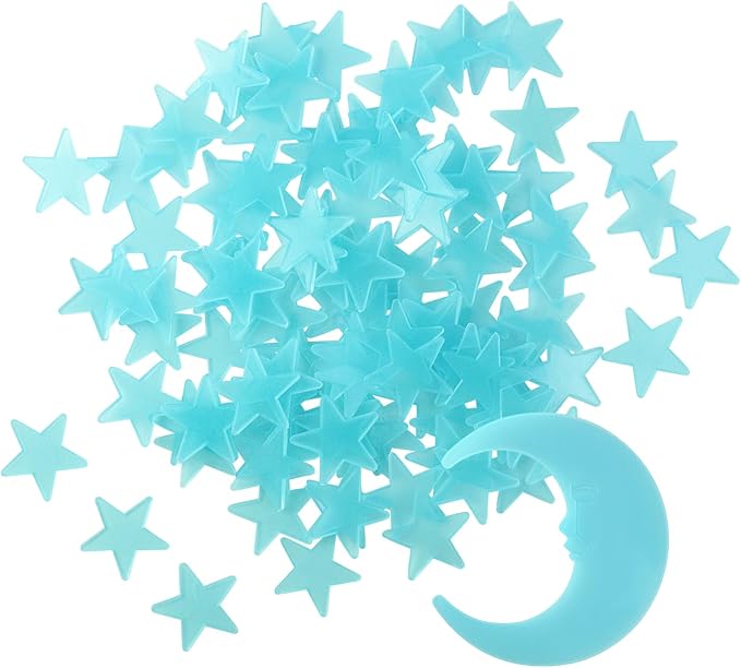100 Stars and 1 Moon Glow in The Dark Luminous Fluorescent 3D Plastic Glow Stars Moon for Ceiling, Glowing Wall Stickers Create a Realistic Starry Sky, Room Decorations (Blue)-CasaMuseHome
