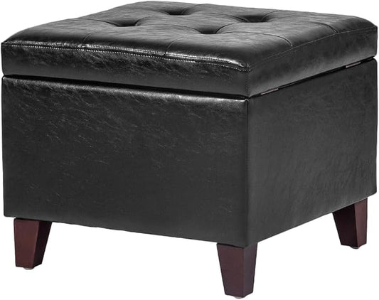 Adeco Storage Ottoman Foot Rest Stool, Leather Ottoman Footstool with Solid Wood Legs and Hinged Lid, 17.7" Small Foot Stool for Living Room, Bedroom-CasaMuseHome