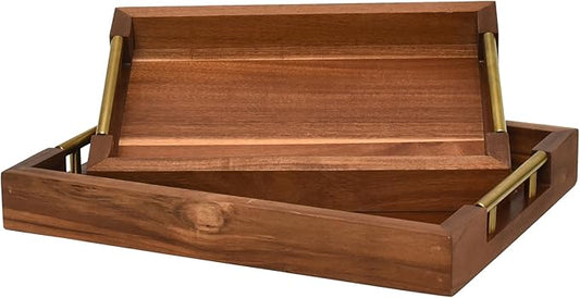 Set of 2 Acacia Wood Serving Trays with Gold Metal Handles for Food Serving, Appetizers & Snacks - Ideal for Bed, TV, Ottoman or Coffee Table Décor, Home Decoration Accessory 15.75x11.8 Inch-CasaMuseHome