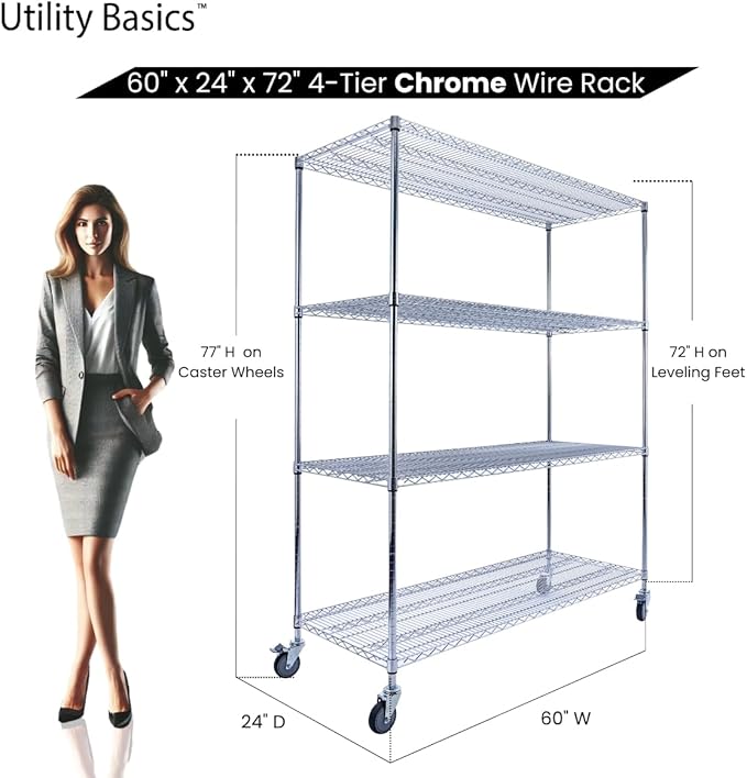 60"x24"x72" PREMIUM METAL STEEL 4-Tier Wire Shelving NSF 3200 LBS MAX Capacity Heavy Duty Storage Rack for Hospitals, Schools, Commercial Spaces, and Garages w/PREMIUM Wheels-CasaMuseHome