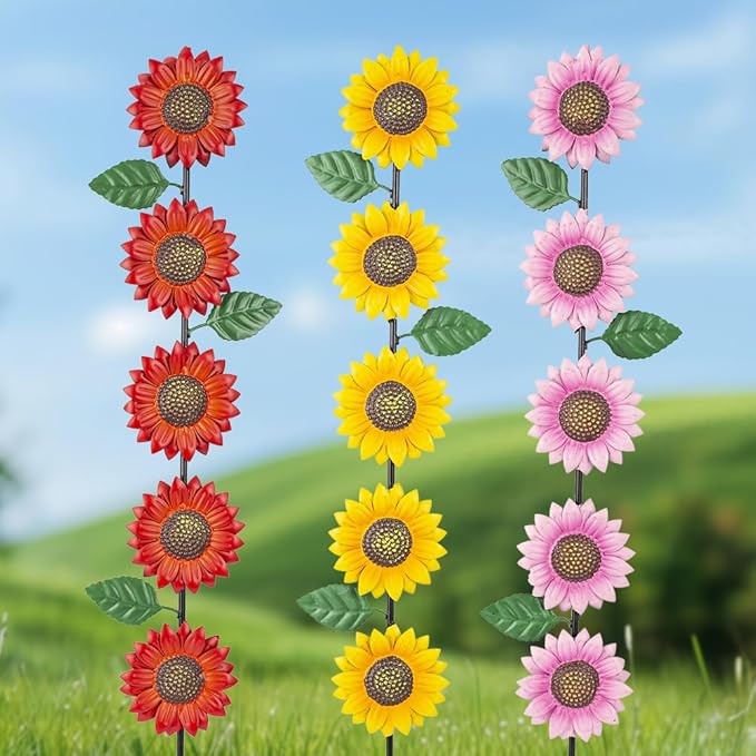 3 Pack Sunflowers Garden Stakes Decor,Metal Yard Art Decorative Garden Stakes,Metal Flowers Spring Garden Decor for Outside,Landscape,Patio(22.6 * 4.7IN)-CasaMuseHome