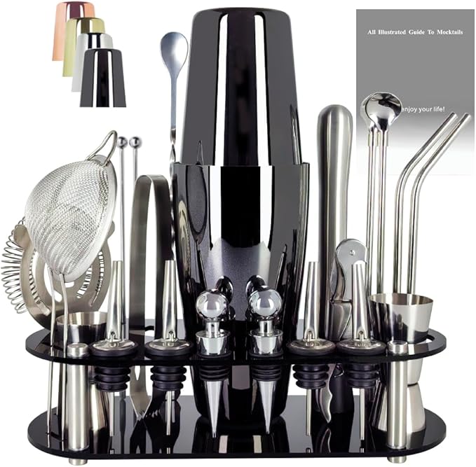 22-Piece Cocktail Shaker Set, 25/20oz Bartender Kit, Bartending Stainless Steel Bar Tools Sets for Drink Mixing, Boston Cocktail Shakers with Stand Recipes Booklet (Black-25-20oz)-CasaMuseHome