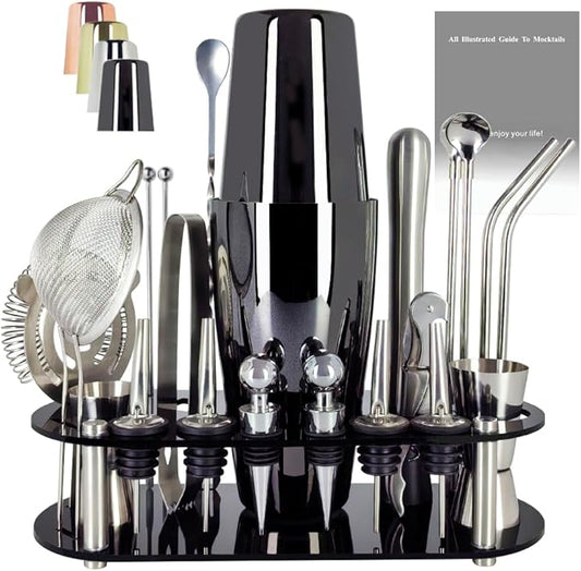 22-Piece Cocktail Shaker Set, 25/20oz Bartender Kit, Bartending Stainless Steel Bar Tools Sets for Drink Mixing, Boston Cocktail Shakers with Stand Recipes Booklet (Black-25-20oz)-CasaMuseHome