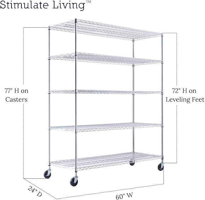 60"x24"x72" PRIME HEAVY DUTY Chrome 5-Tier Wire Shelving NSF 3000 LBS MAX Capacity Storage Rack for Commercial, School, Home, Garage, Warehouse, Industrial, and Hospital Uses (with Wheels)-CasaMuseHome