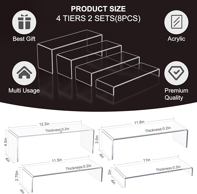 Acrylic Display Risers,12'' Large Display Stands, Thickened to 0.2''(5mm) Stackable Acrylic Shelves for Perfume Display, Clear Risers for Cupcake Stand,Pop Figurines,Tumbler,Food (Clear, 8PCS)-CasaMuseHome