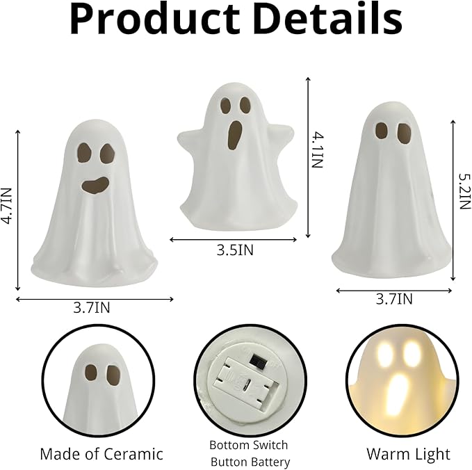 3 Pack Halloween Ceramic Ghost Decor, Light Up Ghost Halloween Decor, Cute Ghost Figurines for Table Tray Fireplace Home Indoor Decoration-CasaMuseHome