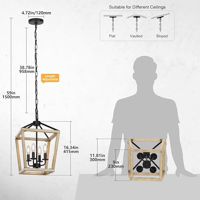 4 Light Chandelier Fixture, Farmhouse Light Fixtures Geometric Metal Cage Modern Ceiling Light with Adjustable Height, E12 Base Hanging Lights for Kitchen Island, Dining Room, Living Room, Indoor-CasaMuseHome