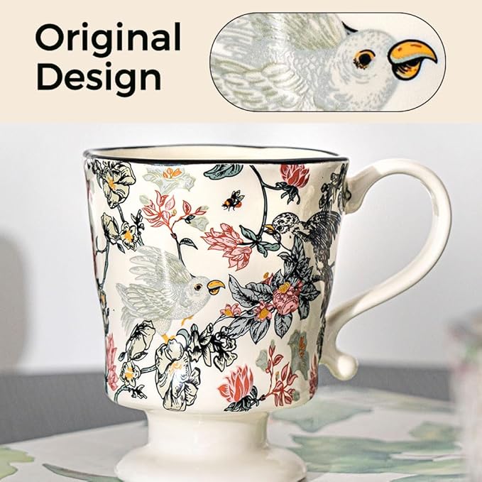 360ml -12.17oz Painted Floral & Bird Ceramic Mug - Cute Coffee Cup for Latte, Espresso - Gift for Women, Dishwasher Safe-CasaMuseHome