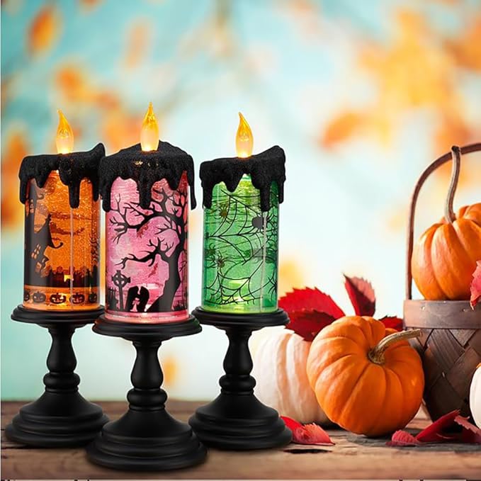 1.Halloween Snow Globe Tornado Flameless Candles Table Centerpiece for Celebration Party,Battery Operated LED Candle with 6 Hours Timer for Home Indoor Halloween Decoration (Spider)-CasaMuseHome