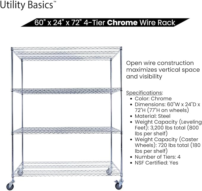 60"x24"x72" PREMIUM METAL STEEL 4-Tier Wire Shelving NSF 3200 LBS MAX Capacity Heavy Duty Storage Rack for Hospitals, Schools, Commercial Spaces, and Garages w/PREMIUM Wheels-CasaMuseHome