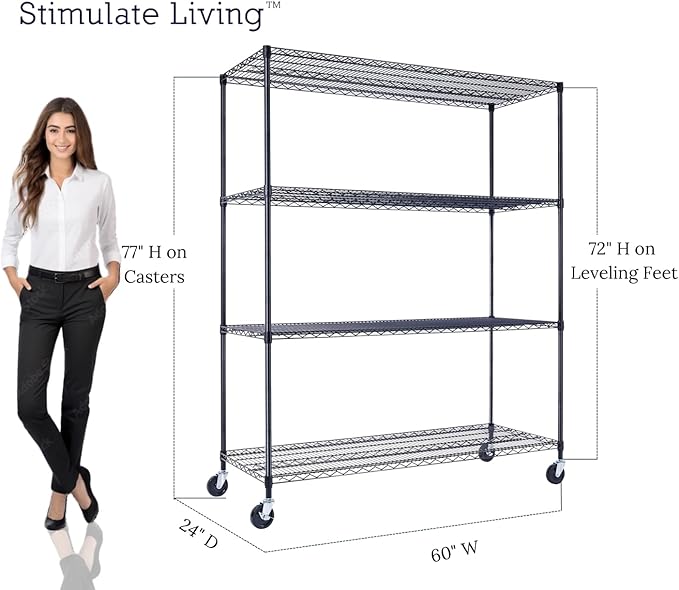 60"x24"x72" PRIME HEAVY DUTY Black 4-Tier Wire Shelving NSF 2400 LBS MAX Capacity Storage Rack for Commercial, School, Home, Garage, Warehouse, Industrial, and Hospital Uses (with Wheels)-CasaMuseHome