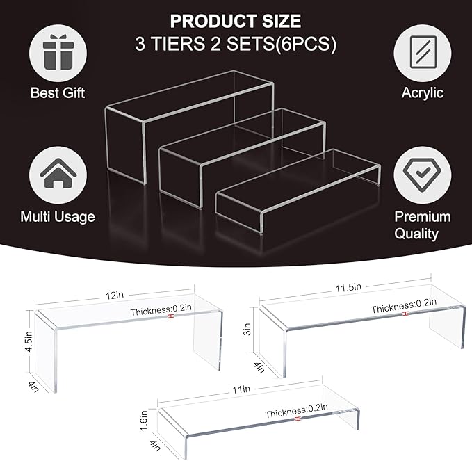 Acrylic Display Risers,12'' Large Display Stands, Thickened to 0.2''(5mm) Stackable Acrylic Shelves for Perfume Display, Clear Risers for Cupcake Stand,Pop Figurines,Tumbler,Food (Clear, 6PCS)-CasaMuseHome