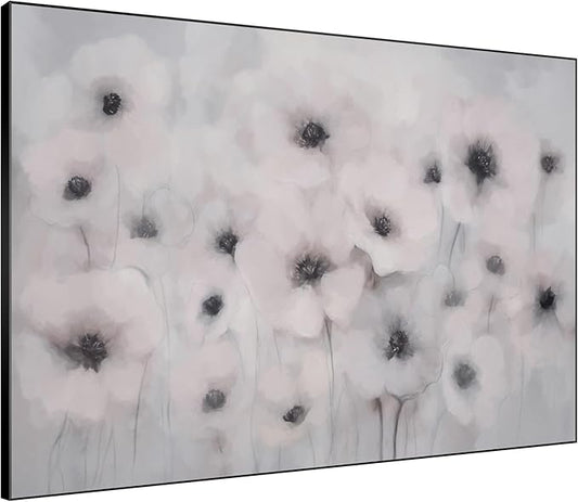 46"x60" Extra Large Framed Wall Art Soft White Poppies Watercolor Floral, Delicate Botanical for Home Living Room Bedroom Decor (Frame Assembly Required)-CasaMuseHome