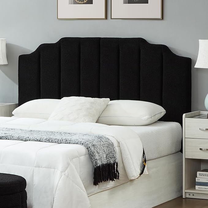 24KF Black Teddy Fabric Tufted for Queen Upholstered Headboard, Modern Vertical Channel Design Full Headboard with Stepped Silhouette Top Edge, 6026-Q-Teddy Black-CasaMuseHome