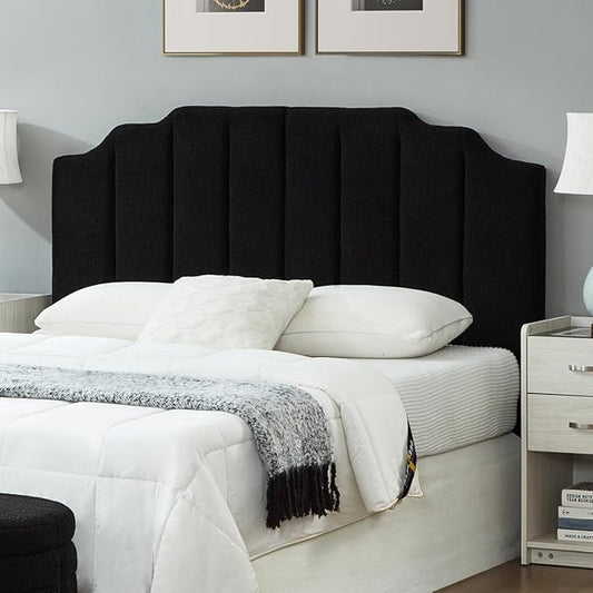 24KF Black Teddy Fabric Tufted for Queen Upholstered Headboard, Modern Vertical Channel Design Full Headboard with Stepped Silhouette Top Edge, 6026-Q-Teddy Black-CasaMuseHome