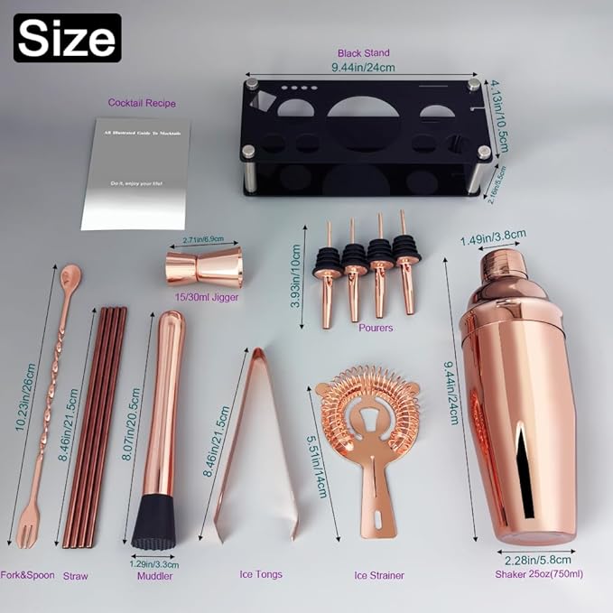14-Piece Cocktail Shaker Set Bartender Kit with Black Stand, Bar Tool Set for Drink Mixing Bartending Kit Bar Sets Accessories: 750ml(25oz) Shaker, Jigger, Muddler, Cocktail Recipes (Rose Gold)-CasaMuseHome