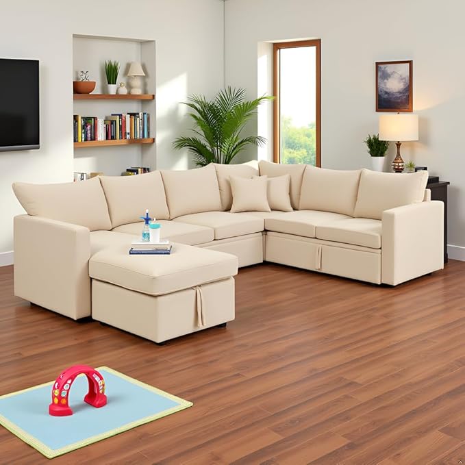 7 - Seater Sofa Bed, Large U - Shaped Modular Sectional Sofa, Oversized Pull - Out Sleeper with Storage for Living Room, Beige-CasaMuseHome