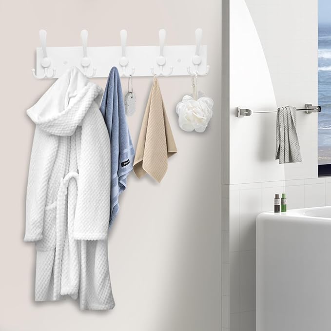 2pcs Coat Rack Wall Mount Coat Hooks Wooden Hat Rack for Wall Hooks Pine Real Wood Plank 16.9" White Coat Hanger with 5 White Triple Hooks for Hanging Coat Hat Jacket-CasaMuseHome