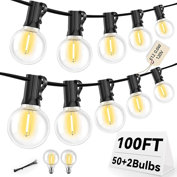 100FT G40 LED Outdoor String Lights with 50 Shatterproof Bulbs + 2 Spares, E12 Socket, 2700K Warm White, Weatherproof Black Cable, for Patio, Backyard, Wedding, Party, Porch, Deck, Gazebo, Camping-CasaMuseHome