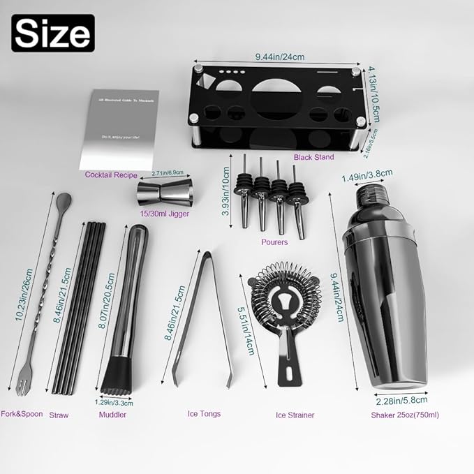 14-Piece Cocktail Shaker Set Bartender Kit with Black Stand, Bar Tool Set for Drink Mixing Bartending Kit Bar Sets Accessories: 750ml(25oz) Shaker, Jigger, Muddler, Cocktail Recipes (Black)-CasaMuseHome