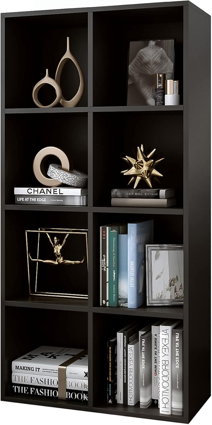 8-Cube Storage Shelf Bookcase - Wooden 4-Tier Floor Standing Open Bookshelf, Modern TV Stand up to 55 Inchs for Home and Office, Black-CasaMuseHome